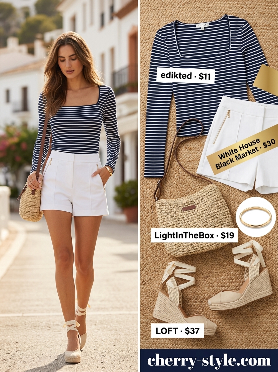 Chic navy and white striped square neck top with white shorts & espadrilles for summer Square Neck outfits for women 2026.