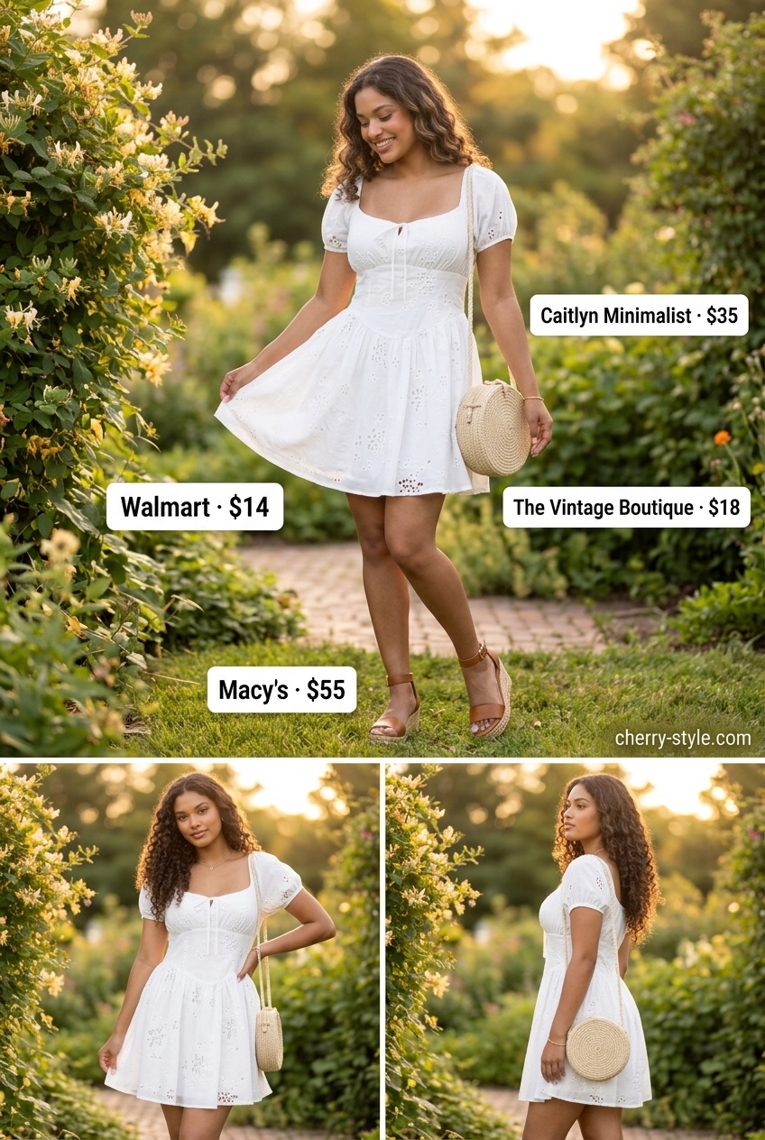 White square neck sundress with puff sleeves, straw bag & espadrilles for sweet summer Square Neck outfits for women 2026.