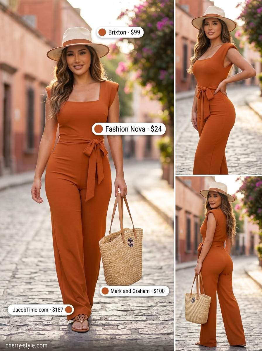 Terracotta orange square neck jumpsuit with straw accessories for vacation summer Square Neck outfits for women 2026.