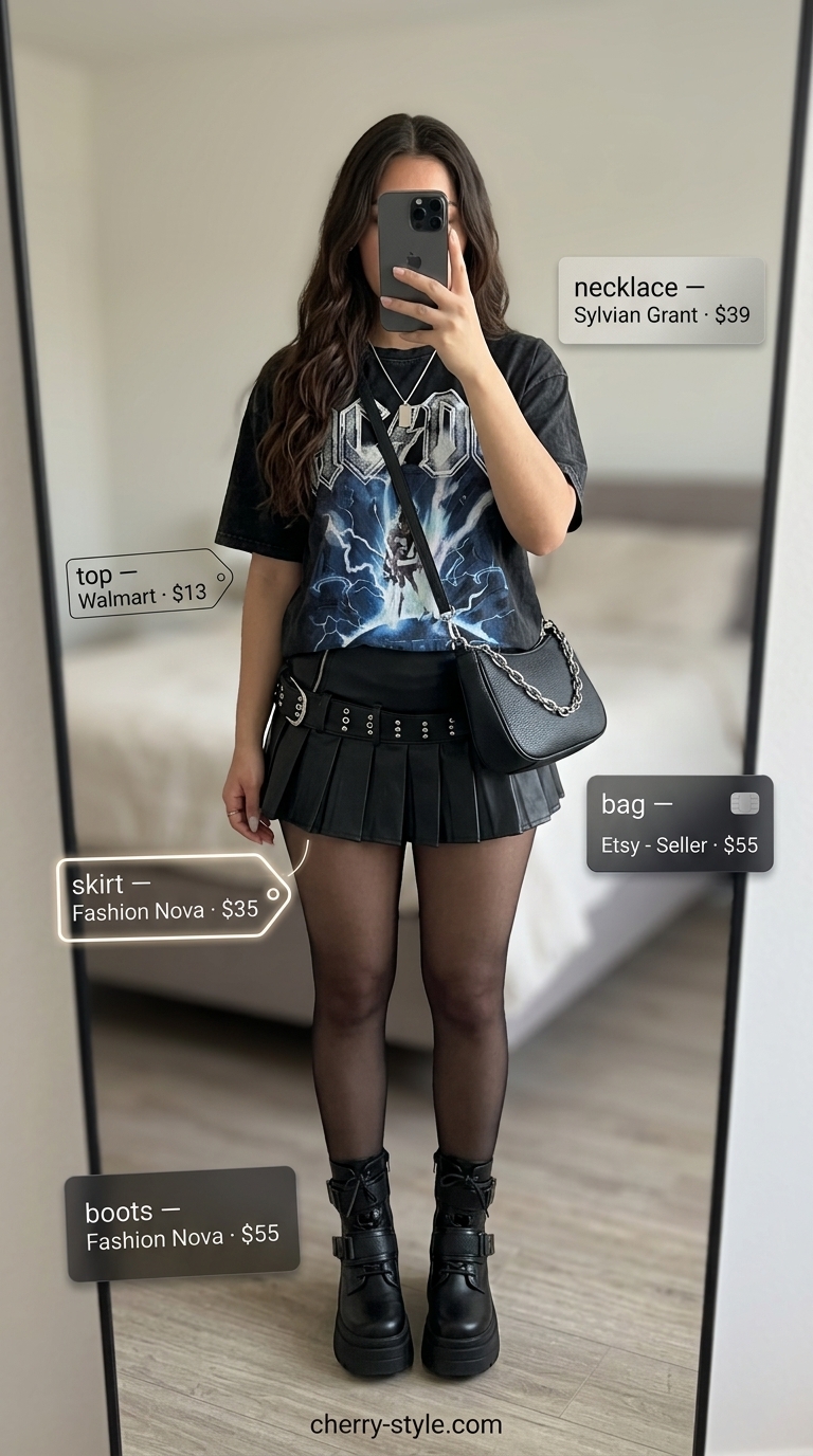 Edgy black ultra-mini skirt outfit with band tee and combat boots for concerts 2026.