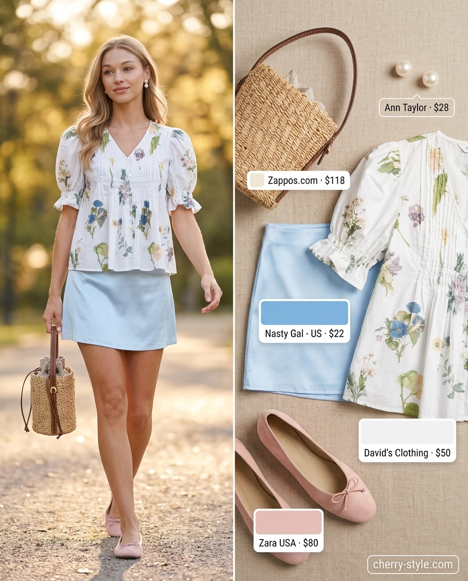 Sweet baby blue ultra-mini skirt outfit with floral blouse and ballet flats for daytime 2026.