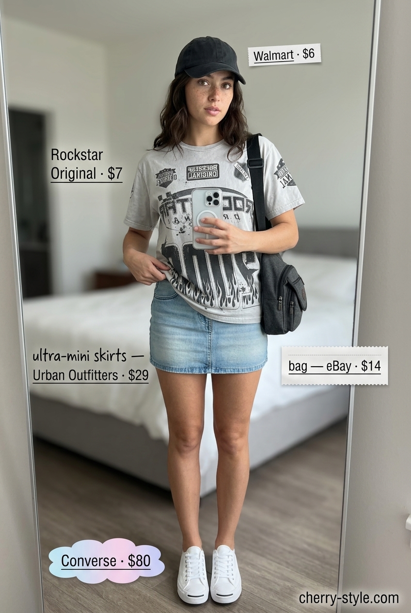 Casual cool outfit with ultra-mini skirt, graphic tee, sneakers, and baseball cap. Summer Ultra-mini Outfits for Women 2026.