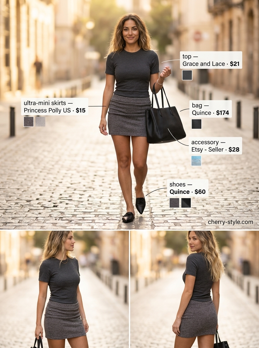 Charcoal grey ribbed ultra-mini skirt with matching top for chic casual outfits 2026.