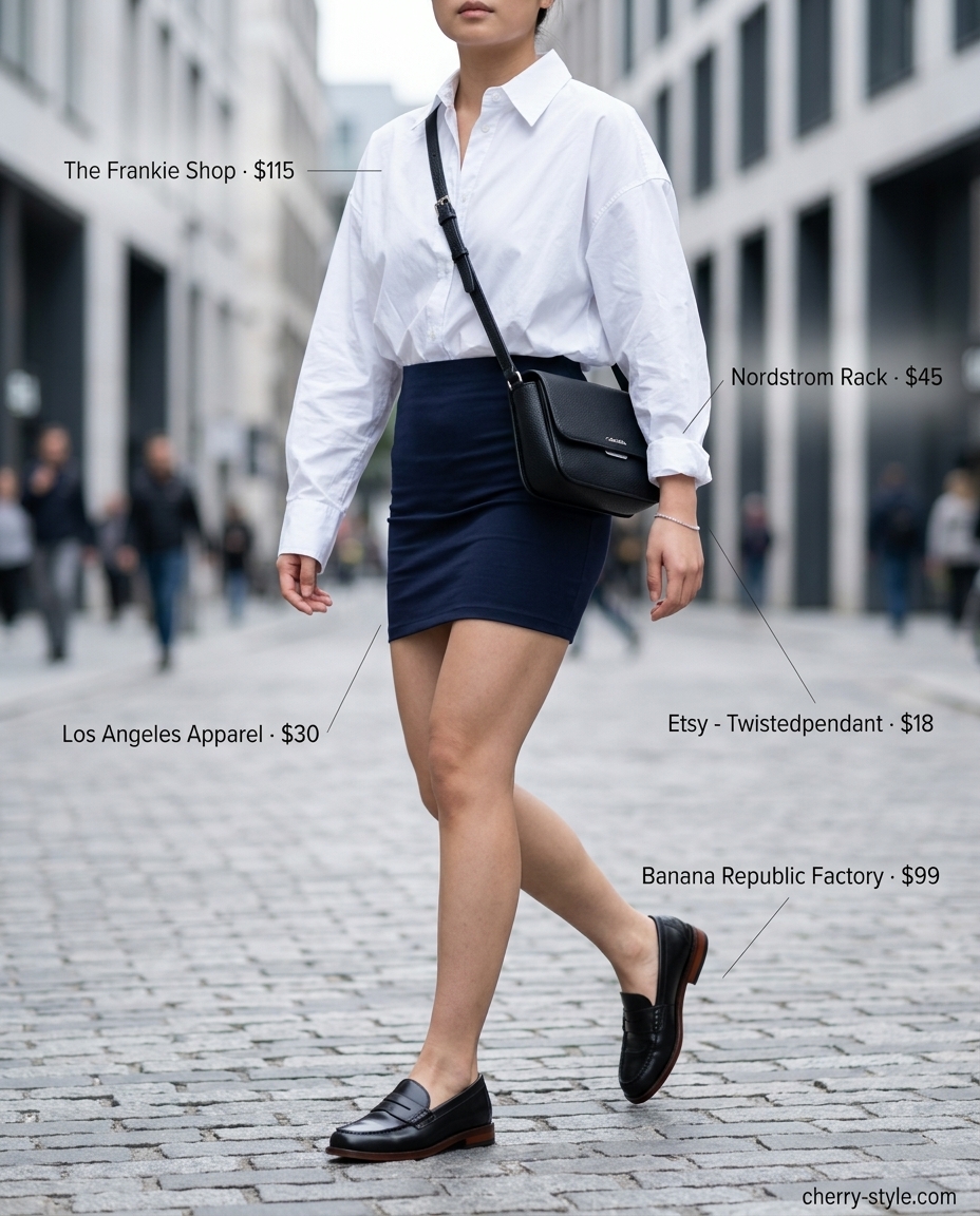 City explorer outfit with ultra-mini skirt, oversized white shirt, black loafers, and crossbody bag. Summer Ultra-mini Outfits for Women 2026.