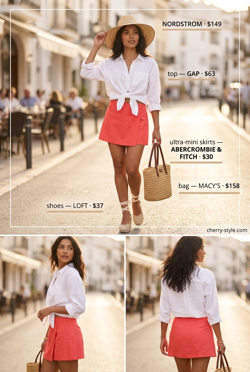 Vibrant coral ultra-mini skirt outfit with linen shirt and espadrilles for vacation 2026.