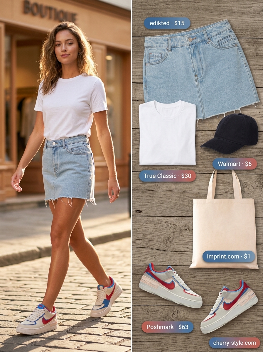 Casual denim ultra-mini skirt outfit with graphic tee and sneakers for weekend 2026.