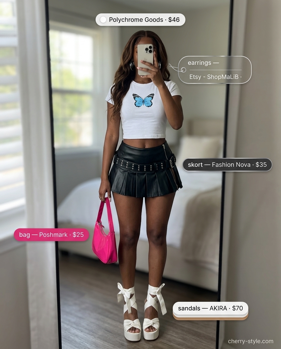 Light wash denim ultra-mini skirt with butterfly crop top and platform sandals 2026.