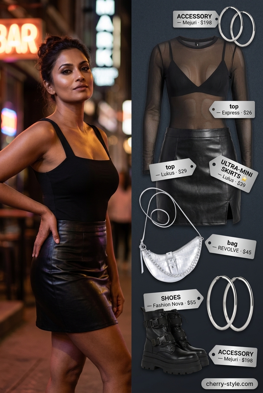 Edgy faux leather ultra-mini pencil skirt with mesh top and platform boots for night out 2026.