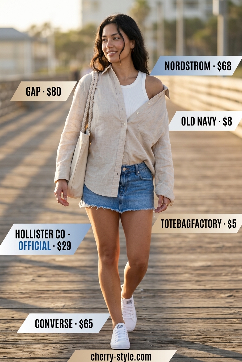 Light blue ultra-mini skirt with white tank and linen shirt for coastal casual outfits 2026.