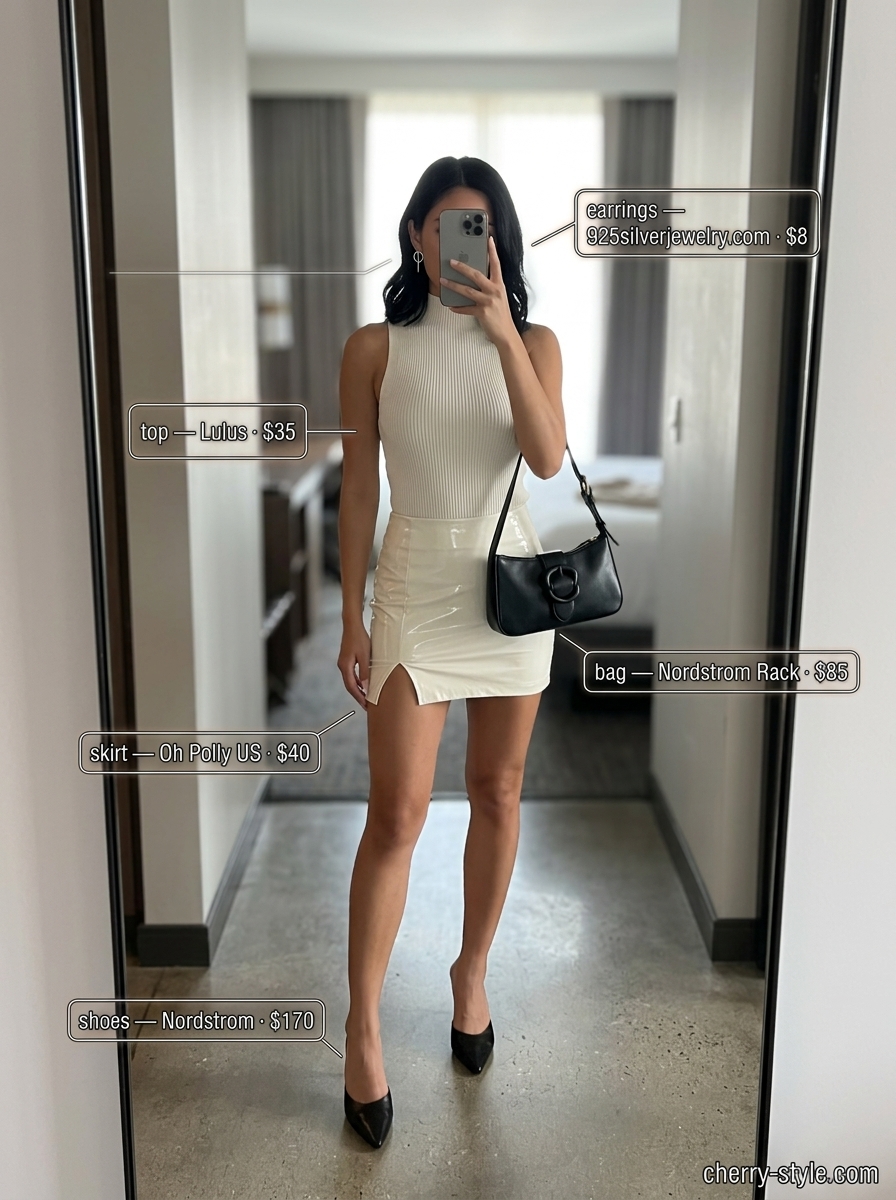 Modern minimalist outfit with ultra-mini skirt, ivory knit top, black mules, and black shoulder bag. Summer Ultra-mini Outfits for Women 2026.