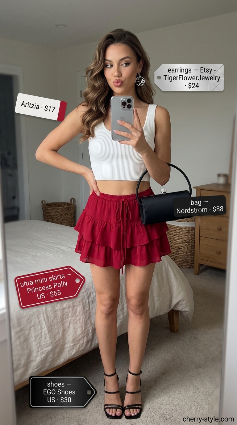 Flirty red ultra-mini skirt outfit with white tank and black heels for summer date night 2026.