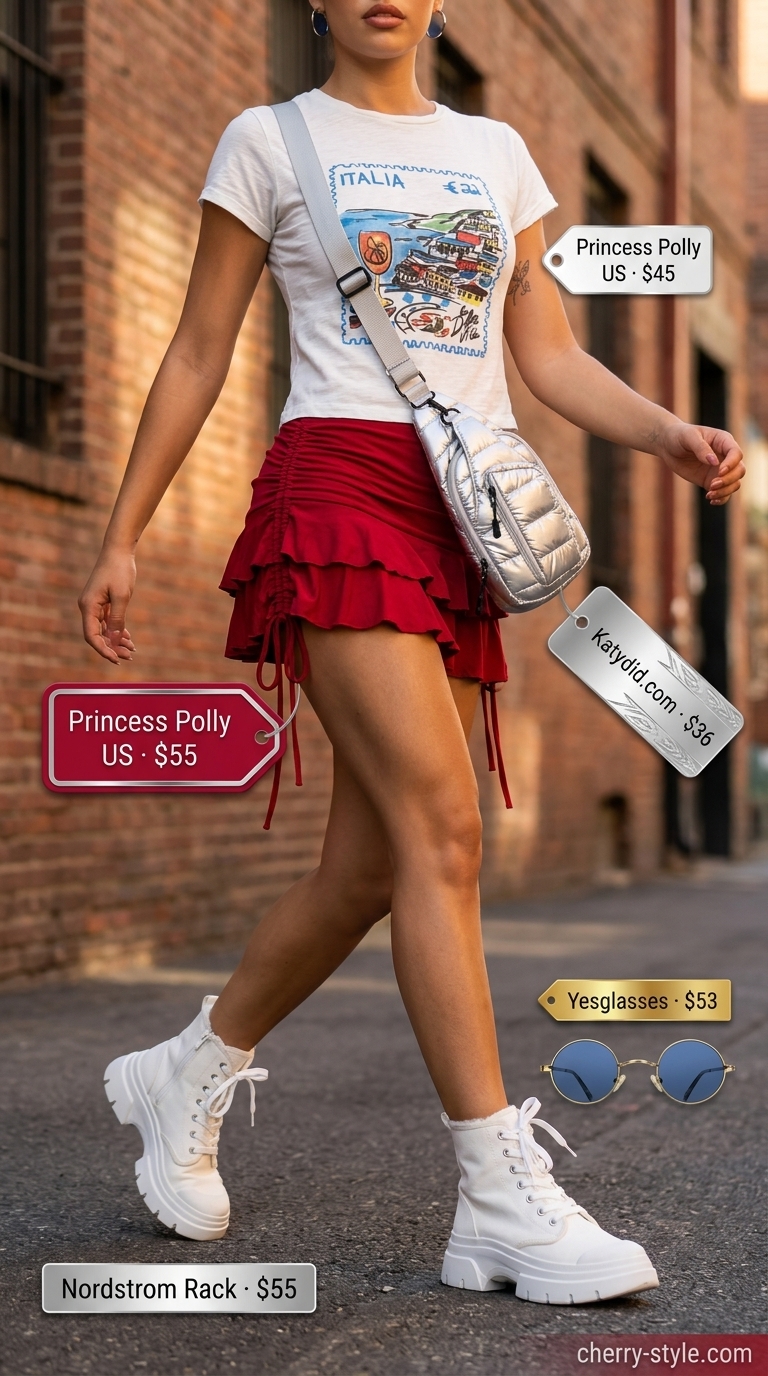 White graphic crop top with red ultra-mini skirt and combat boots for festival 2026.