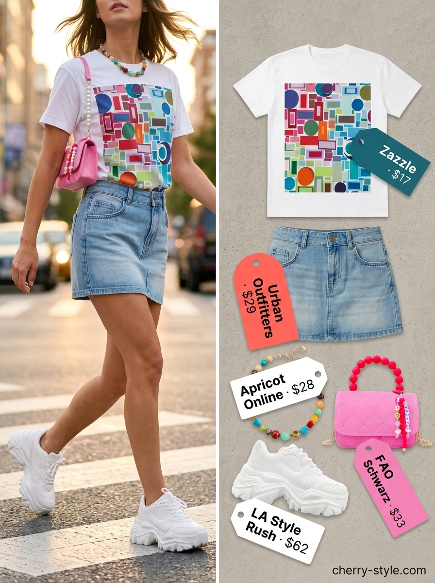 Retro roller rink outfit with ultra-mini skirt, graphic tee, platform sneakers, and pink shoulder bag. Summer Ultra-mini Outfits for Women 2026.