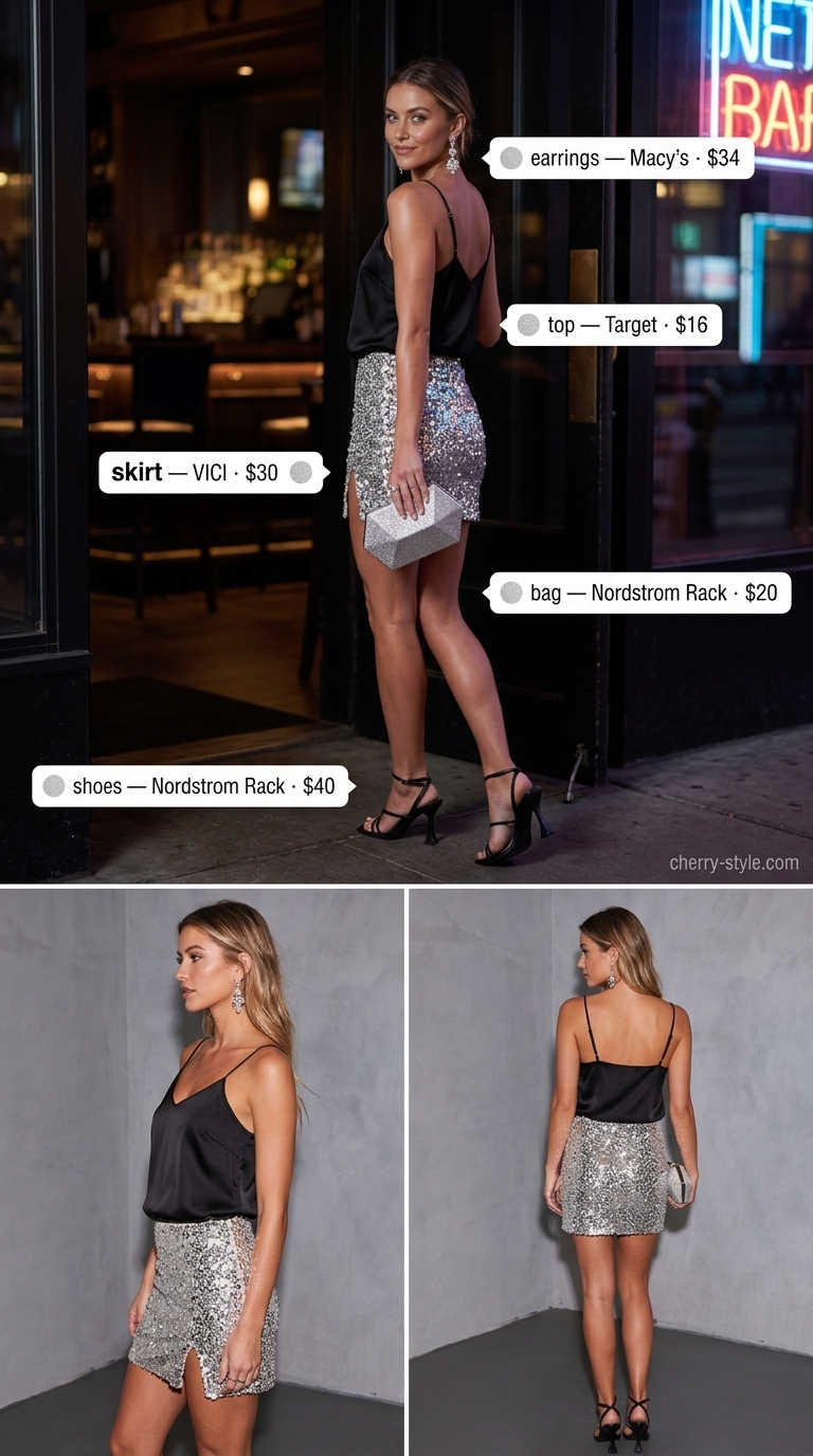 Glamorous silver sequin ultra-mini skirt outfit with black cami and strappy heels for parties 2026.