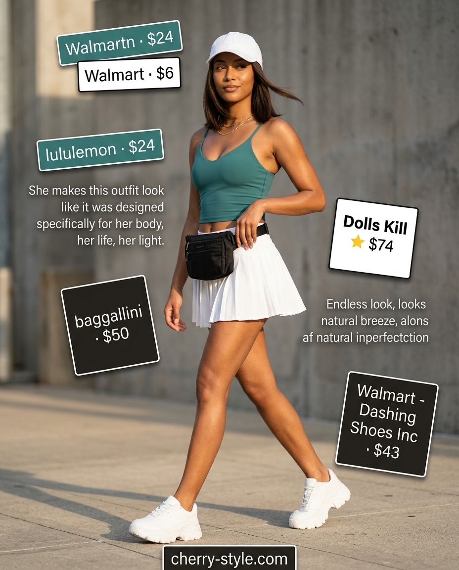 Sporty summer vibe outfit with ultra-mini skirt, neon tank top, fashion sneakers, and belt bag. Summer Ultra-mini Outfits for Women 2026.