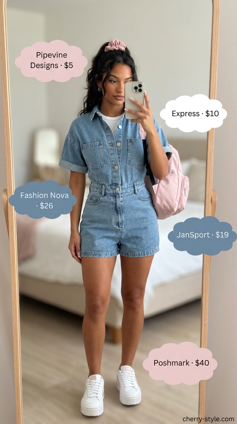 Adventure Romper Fun: Light wash denim romper, white tee, pink backpack. Summer vacation capsule outfits for women 2026.