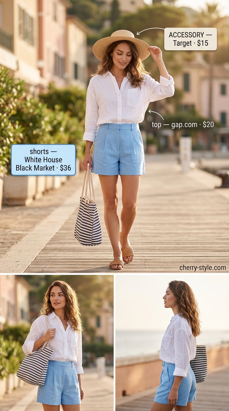 Beach Club Brunch outfit: Sky blue shorts, white shirt, straw hat. Summer vacation capsule outfits for women 2026.