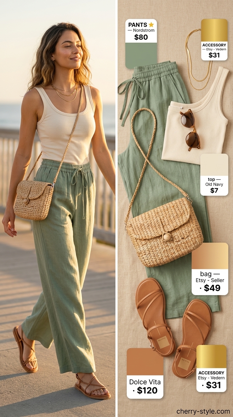 Boardwalk Sunset Stroll: Sage green linen pants, cream tank, tan sandals. Summer vacation capsule outfits for women 2026.