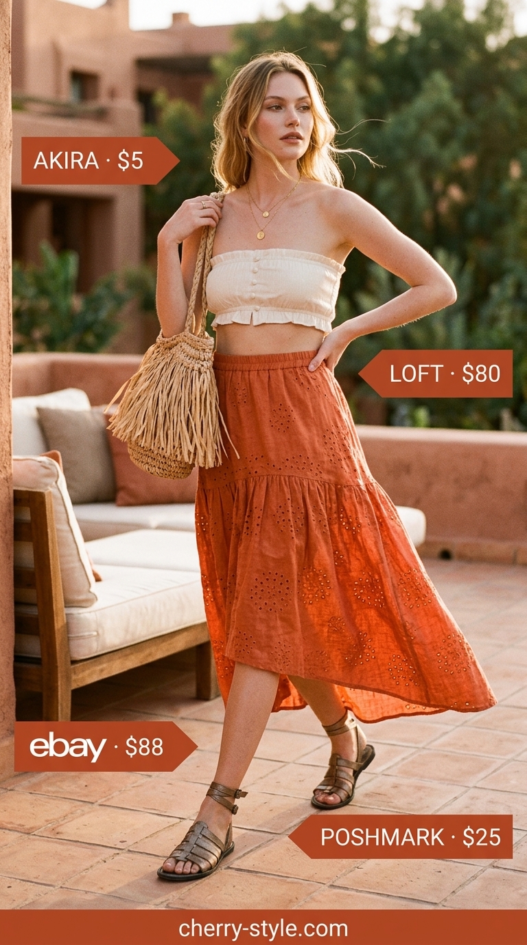 Bohemian Beach Club outfit: Terracotta maxi skirt, ivory crop top, bronze sandals. Summer vacation capsule outfits for women 2026.