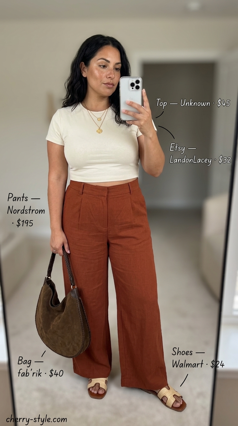 Bohemian Market Wanderer outfit: Rust palazzo pants, cream tank, gold necklaces, tan hobo bag, raffia slides. Summer vacation capsule outfits for women 2026.