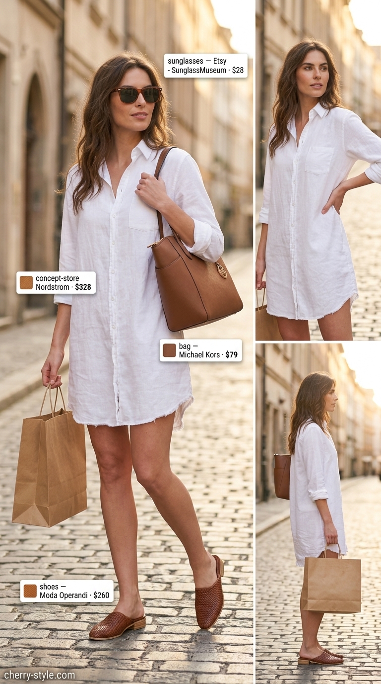 City Break Elegance outfit: White shirt dress, caramel accessories, gold jewelry. Summer vacation capsule outfits for women 2026.