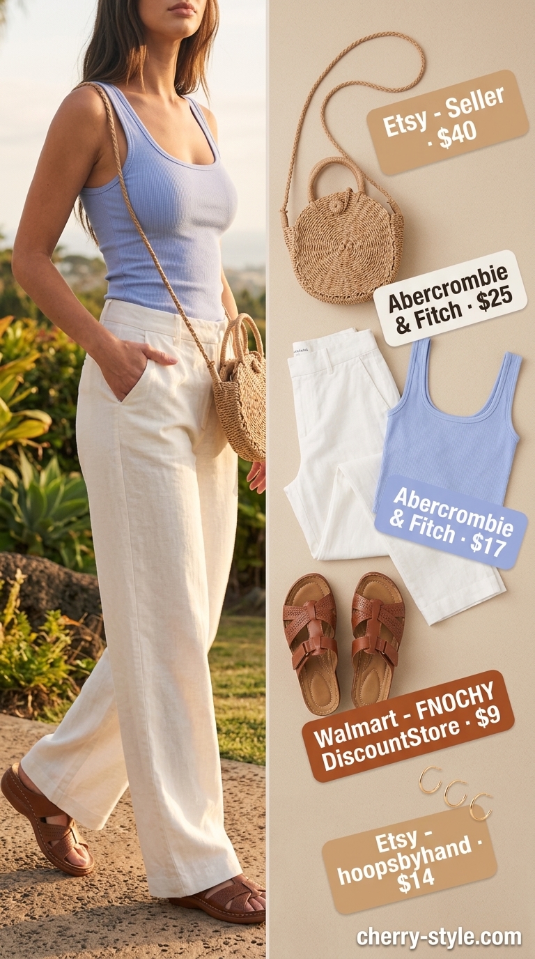 Coastal Morning Breeze outfit: Off-white linen pants, sky blue tank, tan slides, straw crossbody bag. Summer vacation capsule outfits for women 2026.