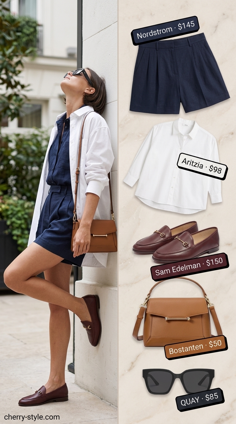 European City Explorer outfit: Navy linen shorts, white shirt, loafers. Summer vacation capsule outfits for women 2026.