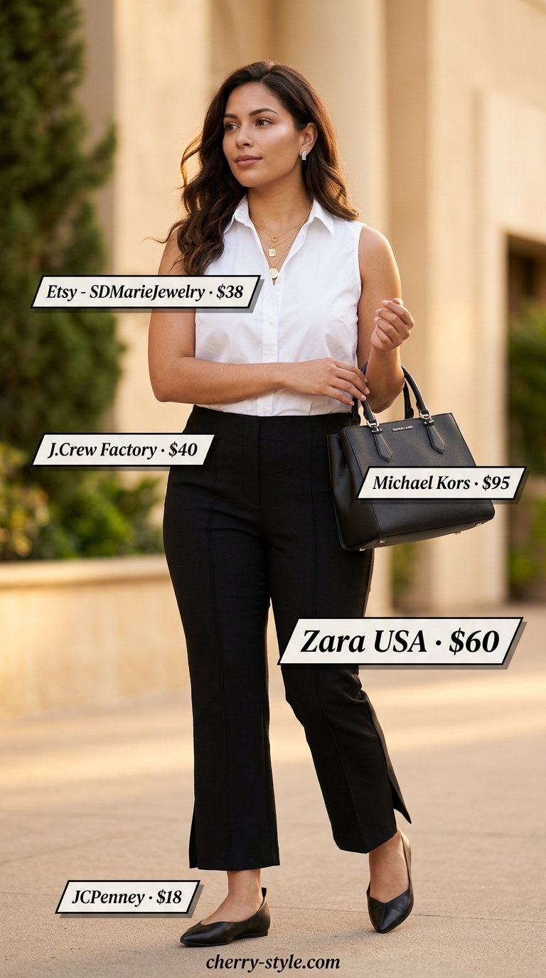 Gallery Hopping Comfort outfit: Black cropped trousers, white button-down shirt, black shoulder bag, silver earrings. Summer vacation capsule outfits for women 2026.