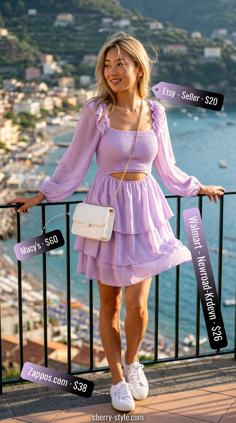 Island Brunch Delight outfit: Lavender sundress, white crossbody bag, white sneakers, silver earrings. Summer vacation capsule outfits for women 2026.