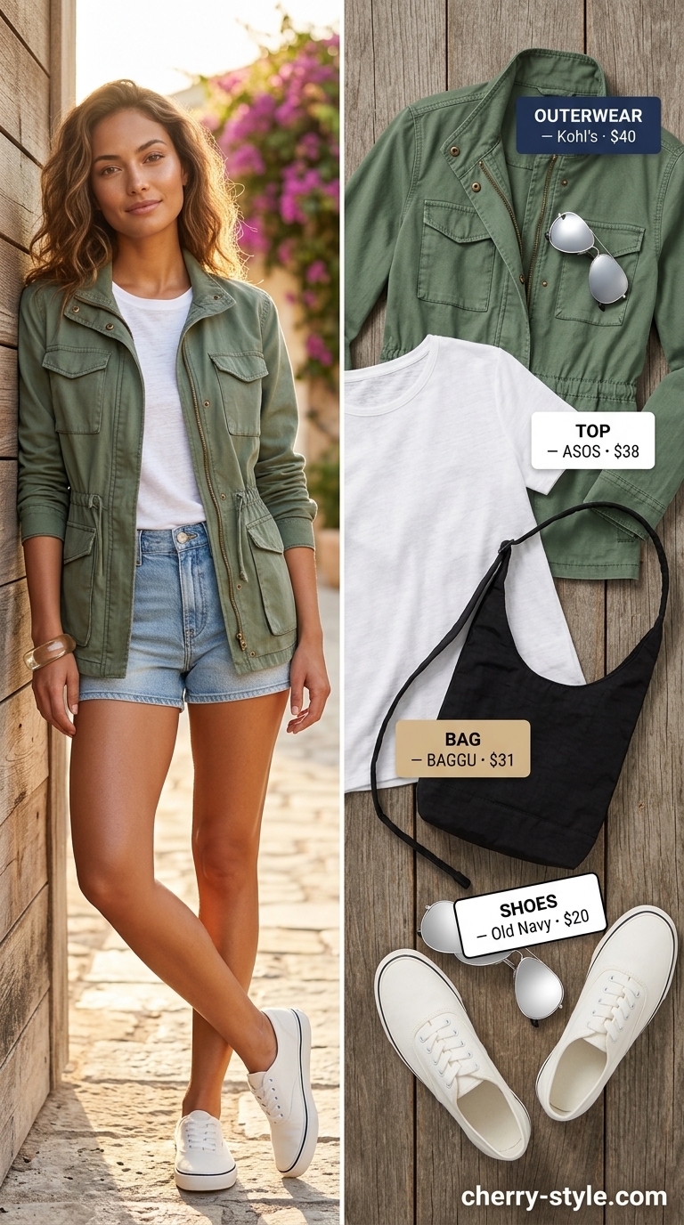 Island Explorer Adventure: Denim shorts, white tee, utility jacket, sneakers. Summer vacation capsule outfits for women 2026.