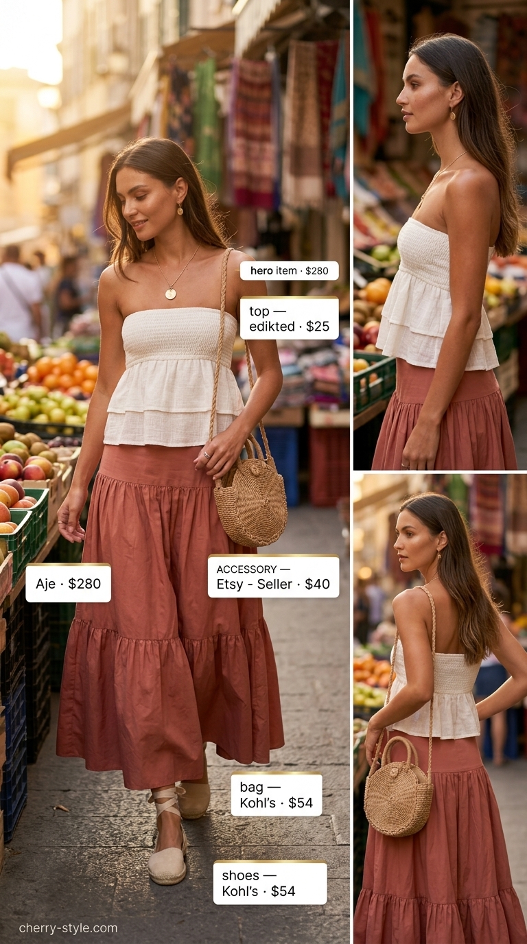 Mediterranean Market Day outfit: Terracotta skirt, ivory top, espadrilles. Summer vacation capsule outfits for women 2026.