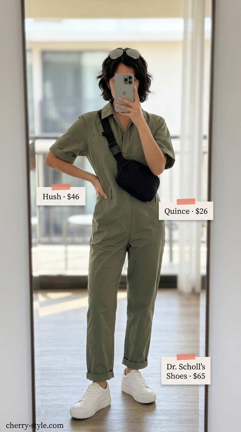 Minimalist Travel Day: Khaki utility jumpsuit, white sneakers, belt bag. Summer vacation capsule outfits for women 2026.