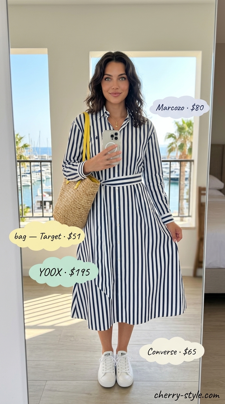 Nautical Coastal Cruise: Striped midi shirt dress, white sneakers, straw tote. Summer vacation capsule outfits for women 2026.