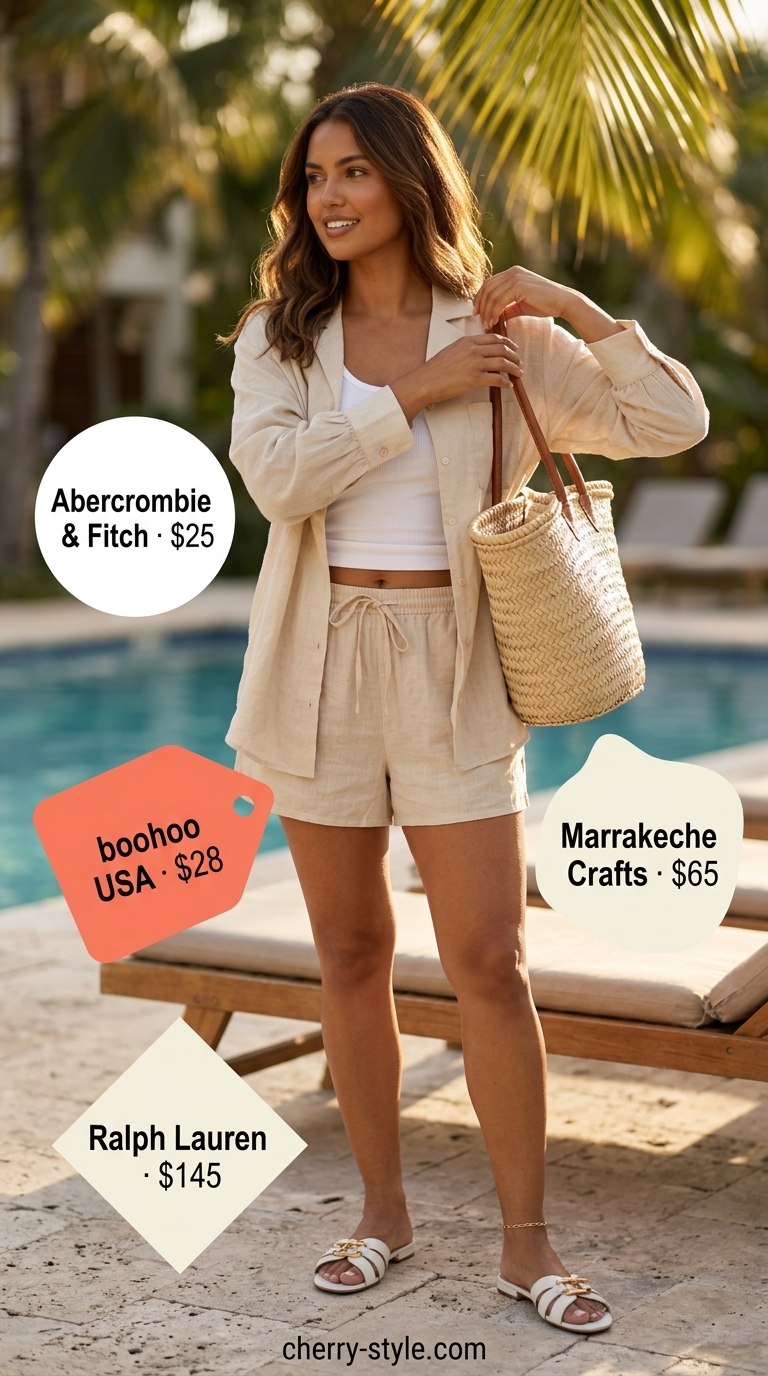 Effortless Resort Lounge outfit: Sandy beige linen set, white tank, white slides, straw tote. Summer vacation capsule outfits for women 2026.