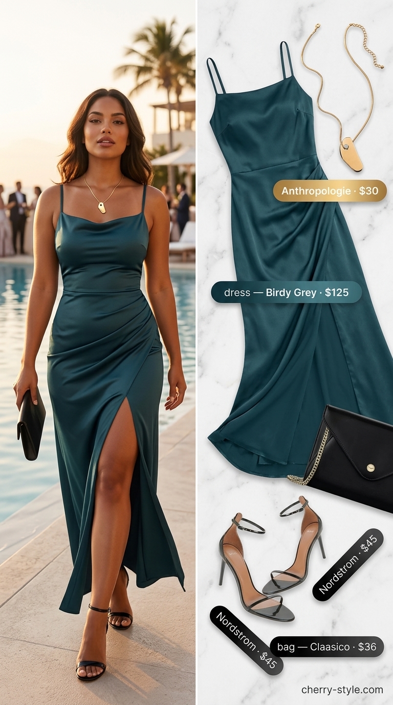 Riviera Evening Glam: Deep teal satin midi slip dress, gold jewelry, black clutch & sandals. Summer vacation capsule outfits for women 2026.