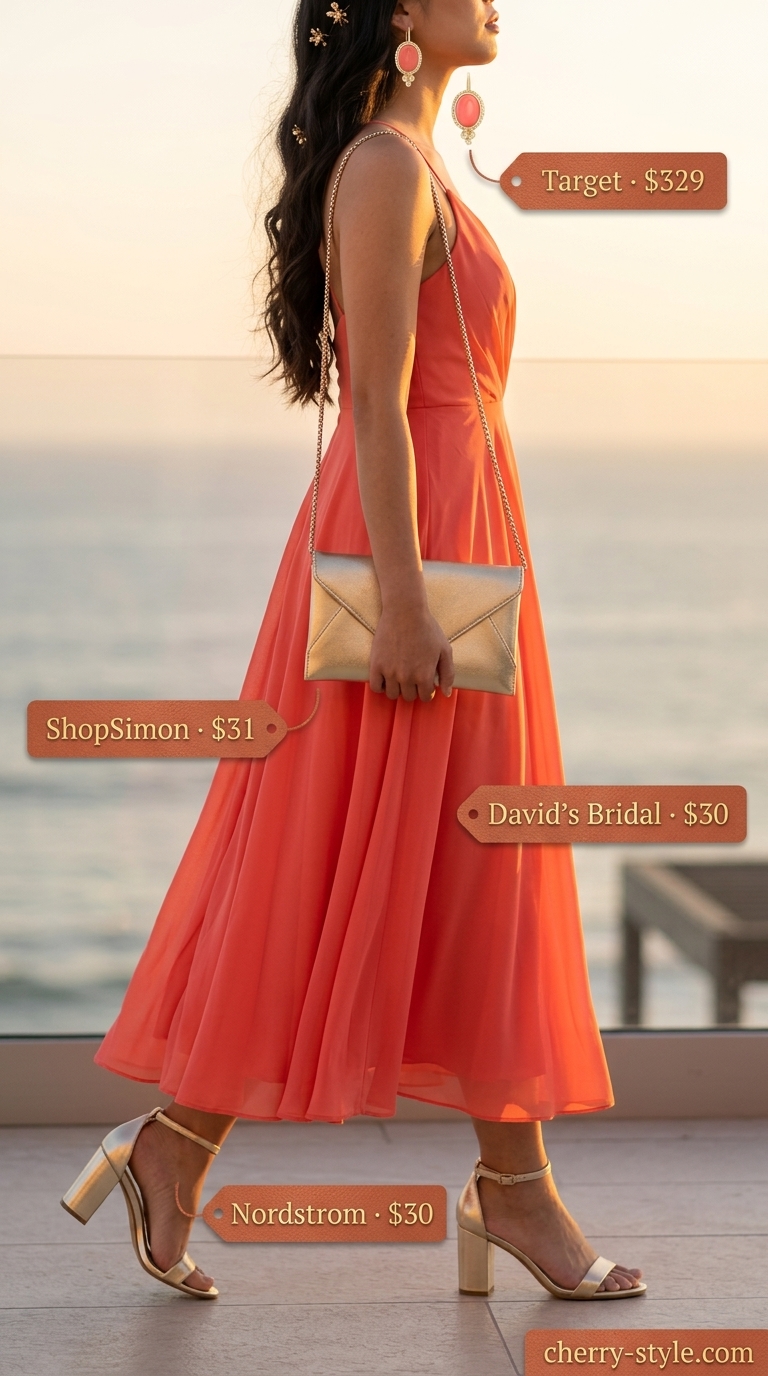 Riviera Sunset Glam: Coral chiffon maxi dress, gold accessories, ivory clutch. Summer vacation capsule outfits for women 2026.