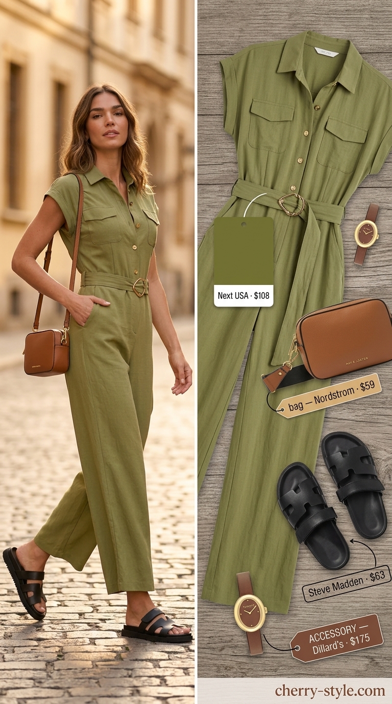 Safari Chic Jumpsuit outfit: Khaki green utility jumpsuit, brown bag, black sandals. Summer vacation capsule outfits for women 2026.