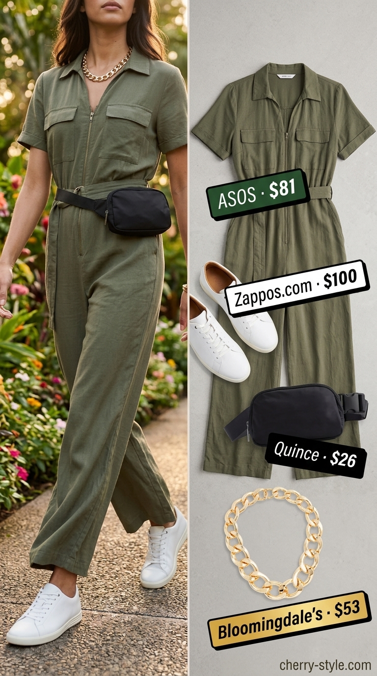 Safari Chic Jetsetter outfit: Olive green utility jumpsuit, black belt bag, white sneakers, gold chain necklace. Summer vacation capsule outfits for women 2026.
