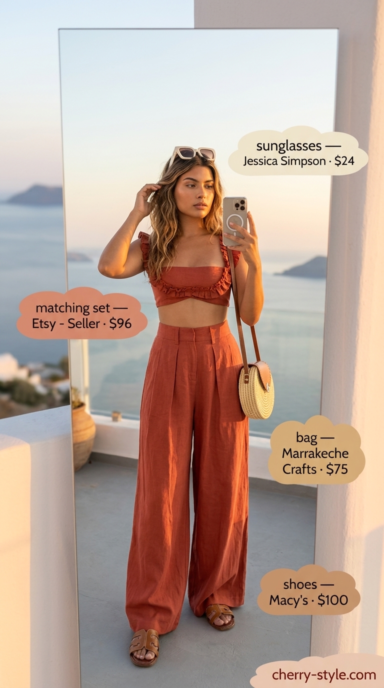 Terracotta Resort Vibe: Linen matching set, tan slides, straw bag. Summer vacation capsule outfits for women 2026.