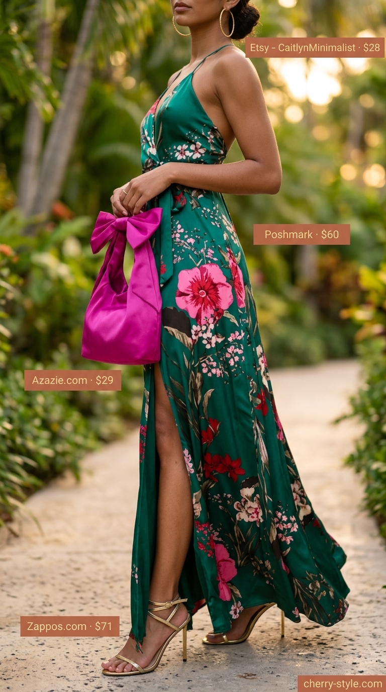 Tropical Evening Escape outfit: Emerald green maxi dress, fuchsia clutch, gold statement earrings, gold sandals. Summer vacation capsule outfits for women 2026.