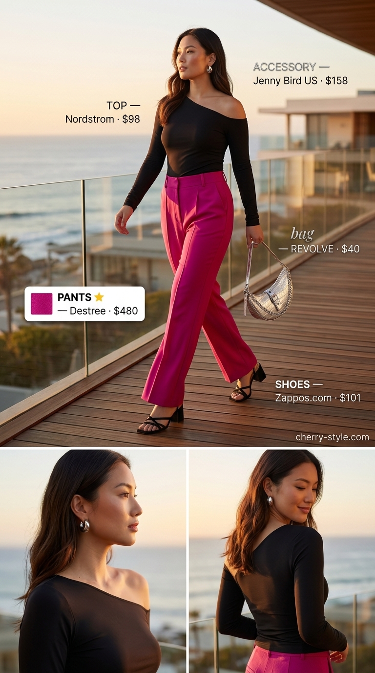Tropicana Nights outfit: Fuchsia wide-leg pants, black top, silver bag. Summer vacation capsule outfits for women 2026.