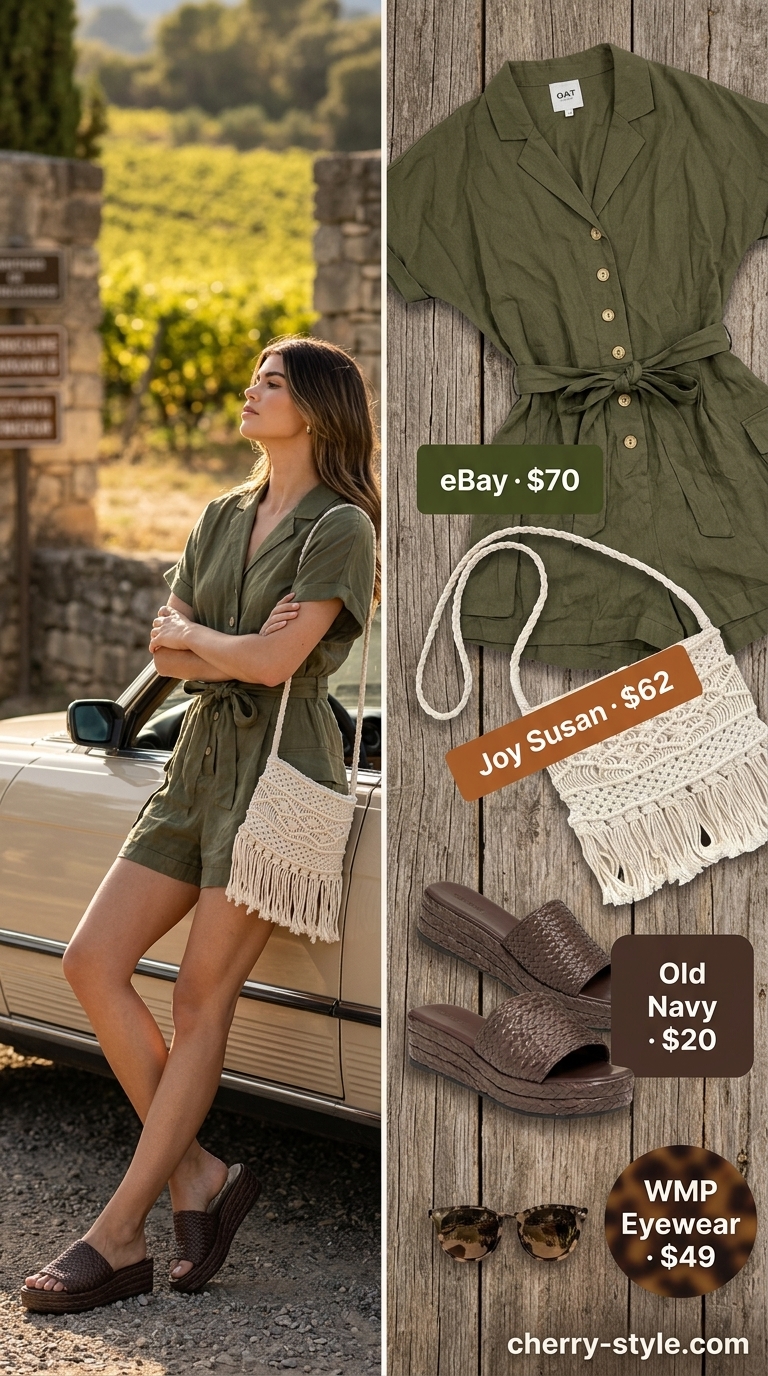 Vineyard Picnic Romper outfit: Olive green linen romper, woven bag, espadrille sandals. Summer vacation capsule outfits for women 2026.
