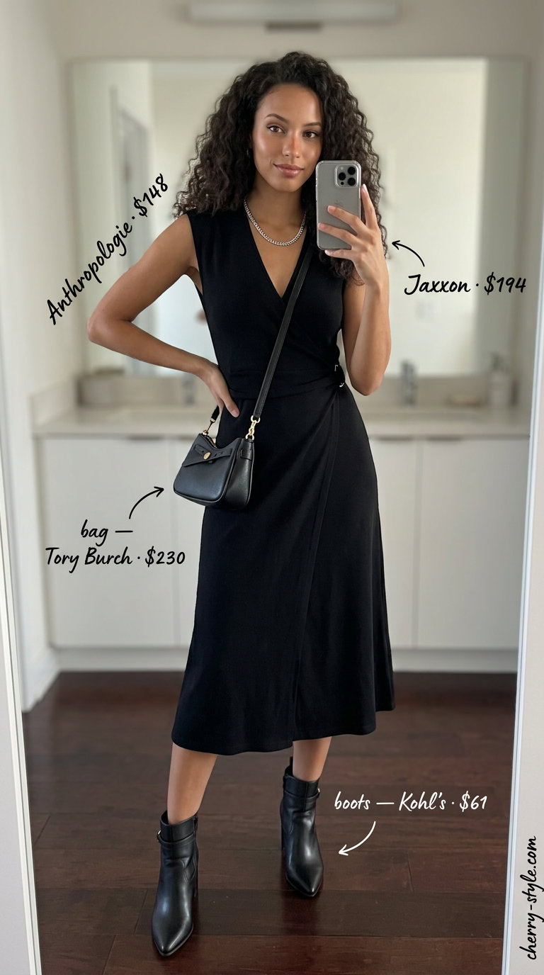 Edgy tall women summer midi outfits 2026: Camel midi dress with black heeled boots, silver chain, and structured crossbody bag.