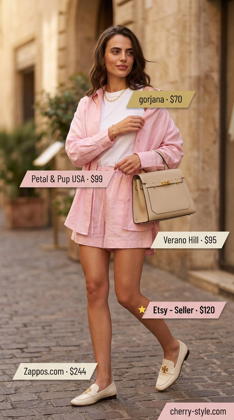 Tall women summer midi outfits 2026: Blush pink linen cargo shorts set with cream loafers & gold accents.