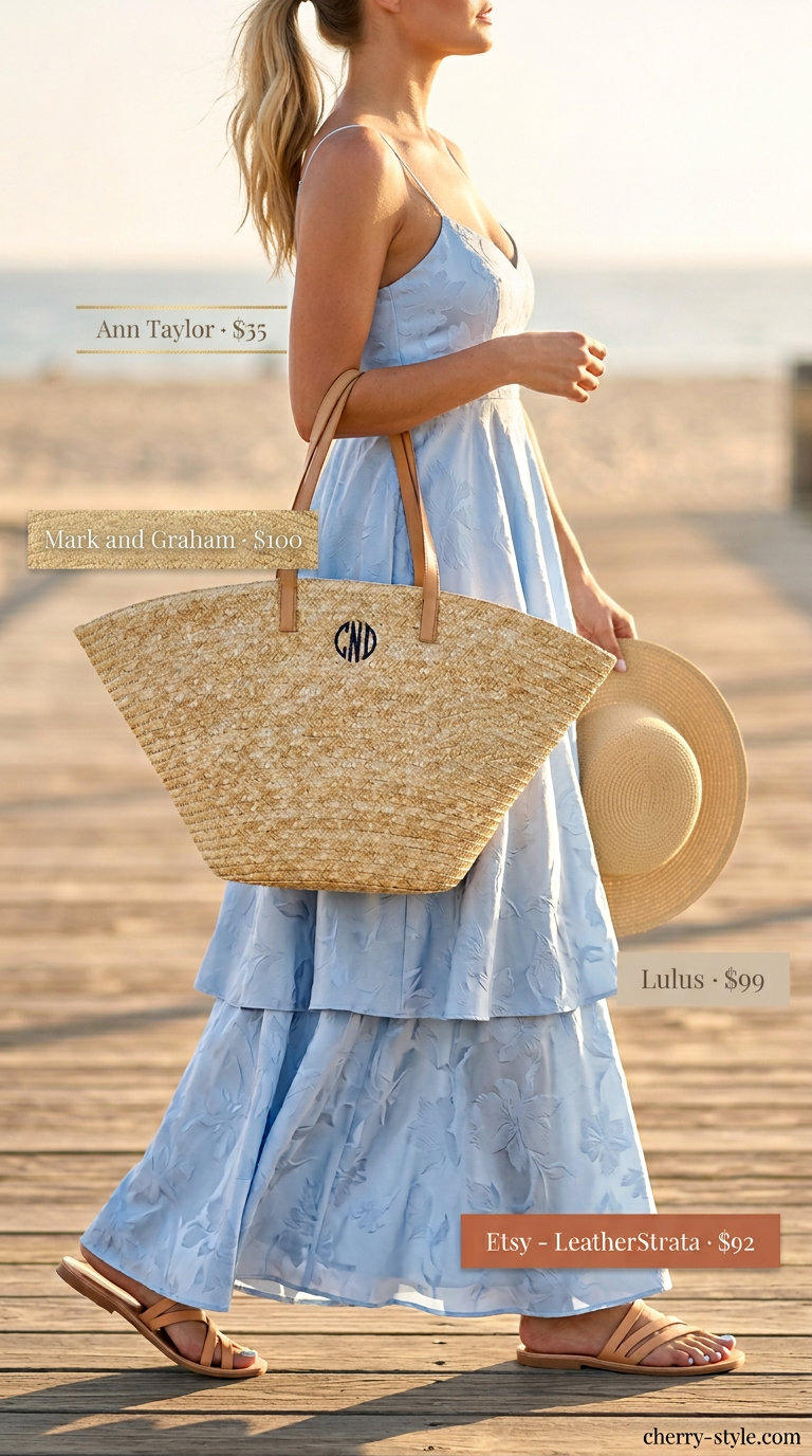 Tall women summer midi outfits 2026: Sky blue maxi dress with straw hat and sandals for beach vacation.