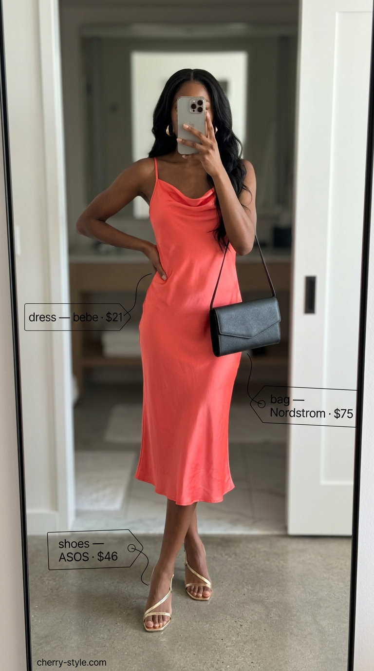 Tall women summer midi outfits 2026: Coral slip dress with gold heels for date night.