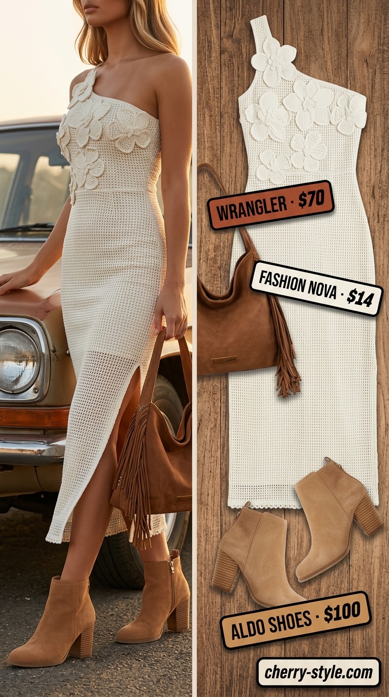 Boho cream crochet midi dress for tall women summer midi outfits 2026: With suede boots, fringe bag, and layered necklaces.