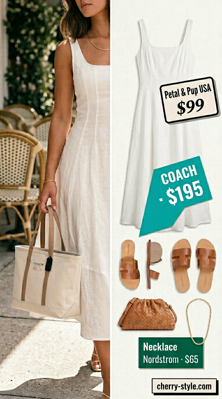 Casual denim shorts outfit for tall women summer midi outfits 2026: Midi dress layered with denim shorts, canvas tote, leather slides, and gold necklace.