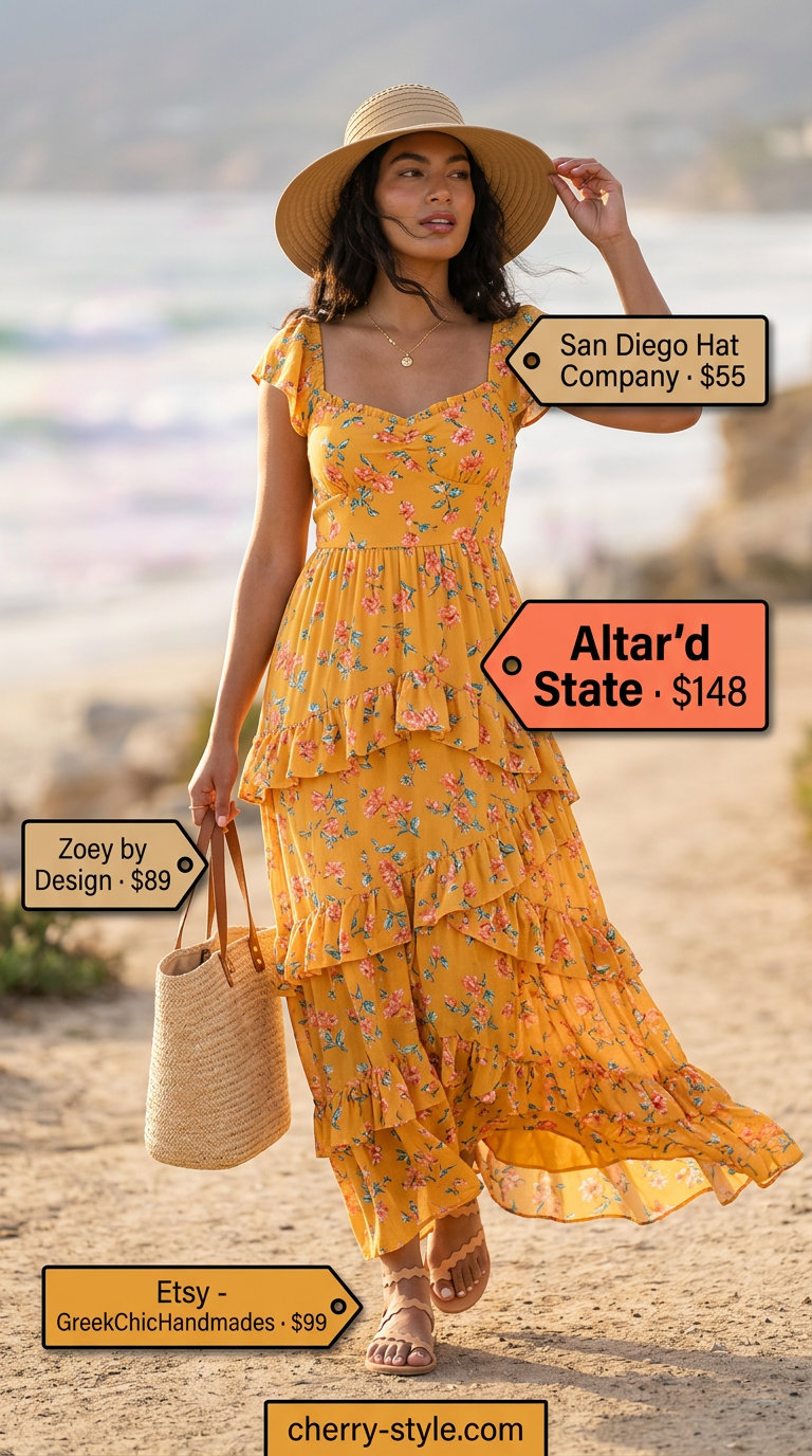 Tall women summer midi outfits 2026: Multicolor floral maxi dress with tan sandals, straw hat & tote.