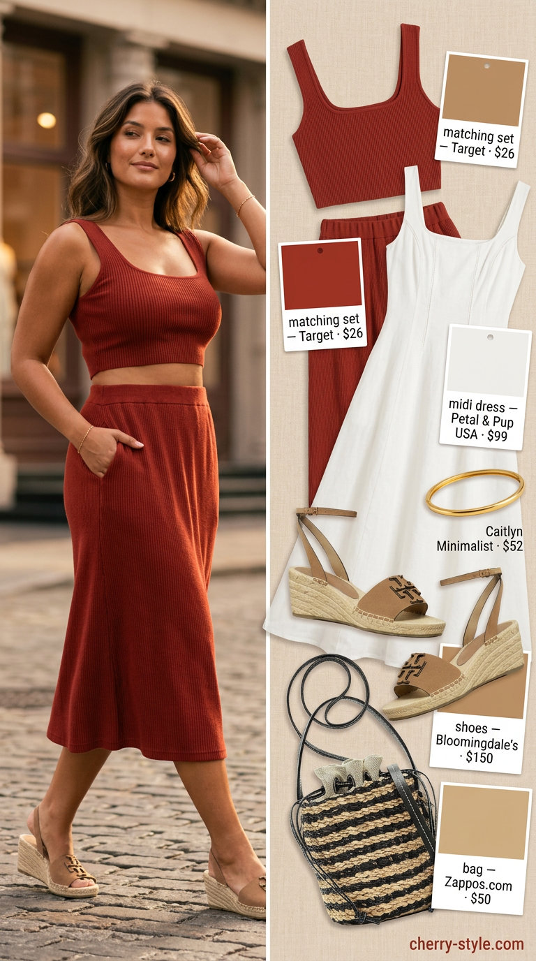Tall women summer midi outfits 2026: Terracotta knit set with espadrilles & straw crossbody bag.